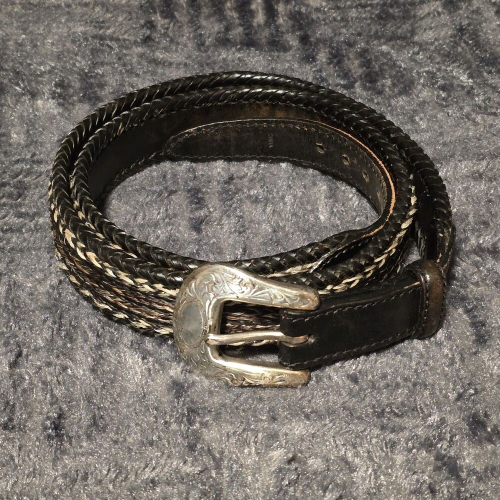 Cabela's Western Cowboy 42 Inch Leather Horse Hair Belt C9173 Silver Buckle